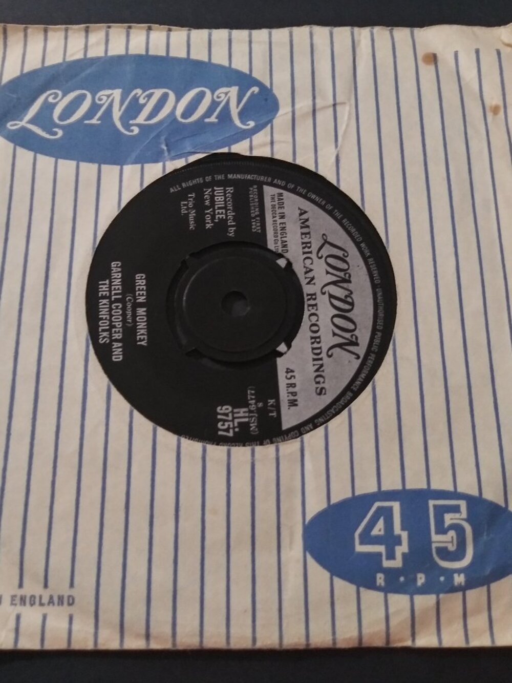 Garnell Cooper & The Kinfolks – Green Monkey VG+ UK Import 45 London Record 1963